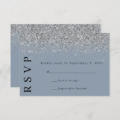 ダスティーブルー&シルバーグリッター結婚式RSVPカード 出欠カード (正面/裏面)