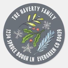 ダスティーブルー スケッチド ホリー スプルース ウィンター ホリデー ラウンドシール