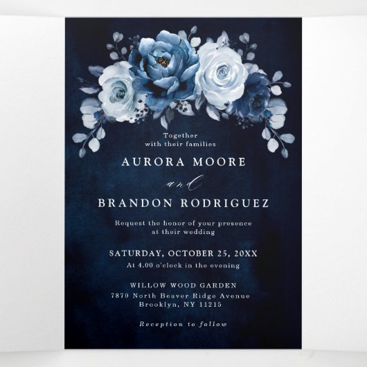 ダスティーブルー スレート ネイビー フラワー ボタニカル ウェディング トリ 三つ折り案内状 (内部中)