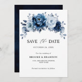 ダスティーブルー スレート ネイビー フローラル ボタニカル ウェディング セーブザデート (正面/裏面)