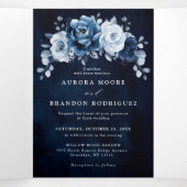 ダスティーブルー スレート ネイビー フローラル ボタニカル ウェディング トリ 三つ折り案内状 (内部中)