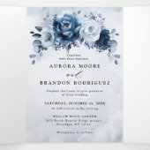 ダスティーブルー スレート ネイビー フローラル ボタニカル ウェディング トリ 三つ折り案内状 (内部中)