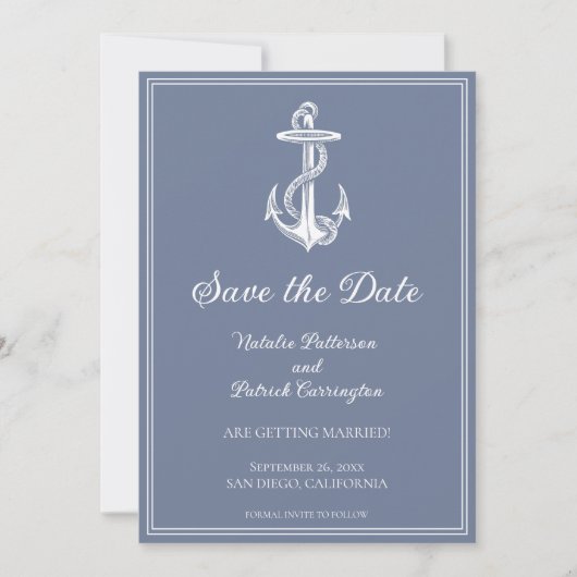 ダスティーブルー ネイビーアンカー Save the Date 招待状 (正面)
