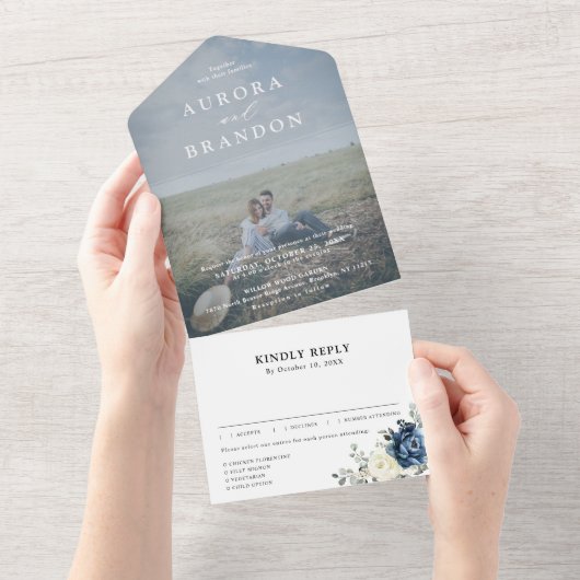 ダスティーブルー ネイビー シャンパン アイボリー ウェディング フォト オールインワン招待状 (貼ってはがせる)