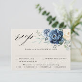 ダスティーブルー ネイビー シャンパン アイボリー フラワーの結婚式の出欠確認 出欠カード (スタンド正面)
