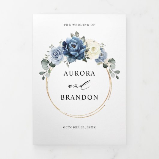 ダスティーブルー ネイビー シャンパン アイボリー フラワートリフォールドA 三つ折り案内状 (カバー)