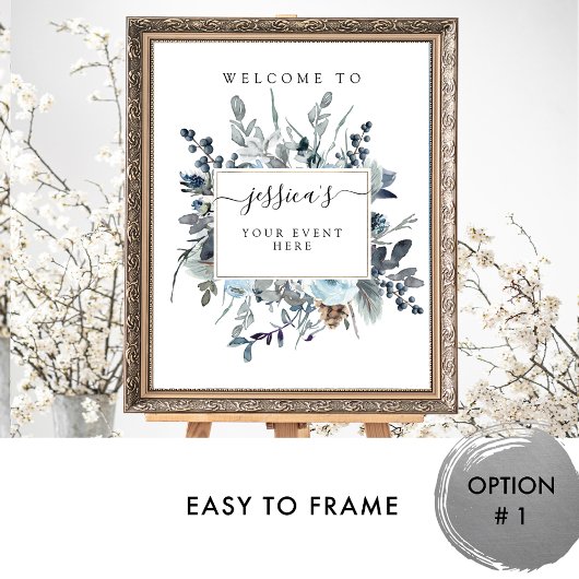 ダスティーブルー ネイビー フラワーズ 任意のイベント ウェルカムサイン ポスター