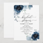 ダスティーブルー ネイビー フローラル フラワー ボヘミア ブライダル シャワー 招待状 (正面/裏面)