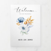 ダスティーブルー ネイビー ホワイト ゴールド フローラル ウェディング 三つ折り案内状 (カバー)