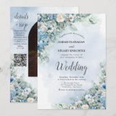 ダスティーブルー ハイドランジア ローズ フォト QR コード ウェディング 招待状 (正面/裏面)