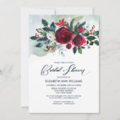 ダスティーブルー | バーガンディーレッド ブルーム ブライダルシャワー 招待状 (正面)