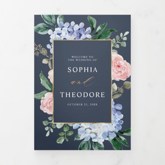 ダスティーブルー パステルピンクのハイドランジア ウェディング トリーフォル 三つ折り案内状 (カバー)