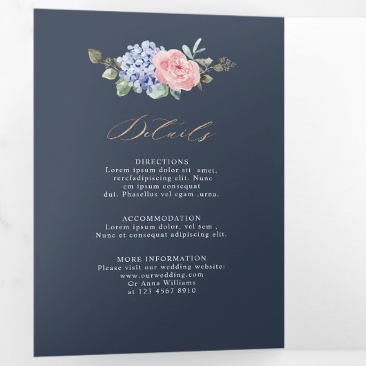 ダスティーブルー パステルピンクのハイドランジア ウェディング トリーフォル 三つ折り案内状 (内部最初)