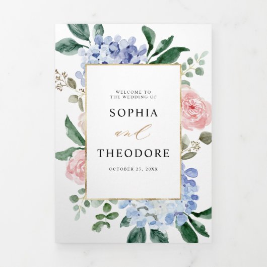 ダスティーブルー パステルピンク ハイドランジア ウェディング トライフォールド 三つ折り案内状 (カバー)