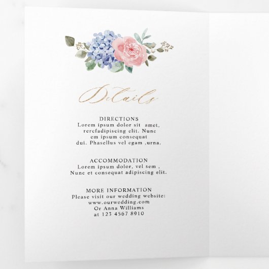 ダスティーブルー パステルピンク ハイドランジア ウェディング トライフォールド 三つ折り案内状 (内部最初)