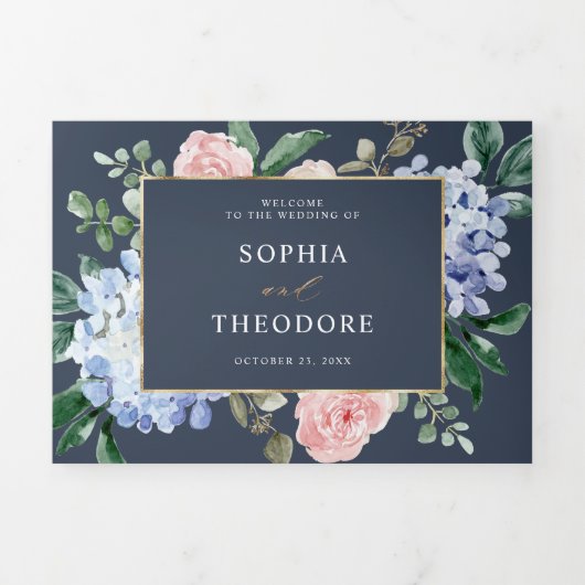 ダスティーブルー パステルピンク ハイドランジア ウェディング トリフォールド (カバー)