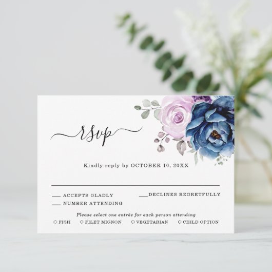 ダスティーブルー パープル ネイビー ライラックの花の結婚式 出欠カード (スタンド正面)