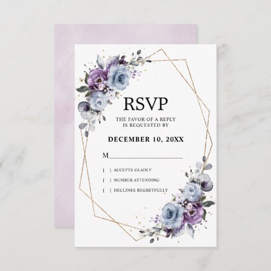 ダスティーブルー パープル ネイビー ライラックの花の結婚式 出欠カード (正面/裏面)
