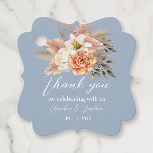 ダスティーブルー ピンクの結婚式 お礼 フェイバータグ (正面)