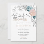 ダスティーブルー＆ピンクの花のブライダルシャワー招待状 招待状 (正面)