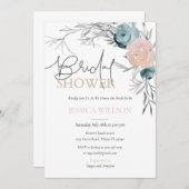 ダスティーブルー＆ピンクの花のブライダルシャワー招待状 招待状 (正面/裏面)
