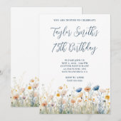 ダスティーブルー ピンクの野の花 75歳の誕生日 招待状 (正面/裏面)