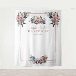 ダスティーブルー ピンク フラワーズ ローズゴールド フォトブース タペストリー