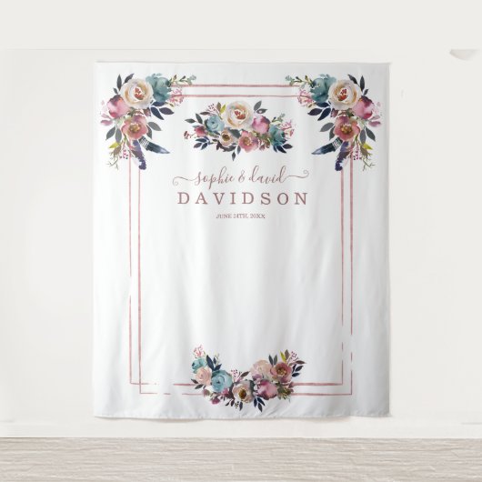 ダスティーブルー ピンク フラワーズ ローズゴールド フォトブース タペストリー (正面)