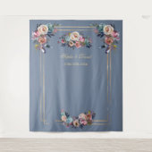 ダスティーブルー ピンク フラワーフレーム ゴールド フォトブース プロップ タペストリー (正面)