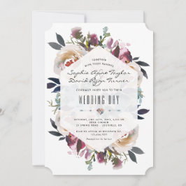 ダスティーブルー ピンク フラワーブーケ ジオメトリック ウェディング 招待状