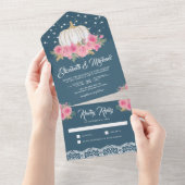 ダスティーブルー ピンク フローラル ホワイト パンプキン ウェディング オールインワン招待状 (貼ってはがせる)
