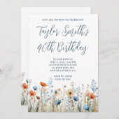 ダスティーブルー ピンク ワイルドフラワーズ 40歳の誕生日 招待状 (正面/裏面)