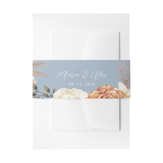 ダスティーブルー ピーチ フローラル ウェディング 招待状ベリーバンド (正面例)