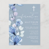 ダスティーブルー フラワー ゴールド 確認 招待状 (正面)