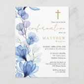 ダスティーブルー フラワー ゴールド 確認 招待状 (正面)