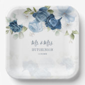 ダスティーブルー フローラル グリーン 新郎新婦 ウェディング ペーパープレート (正面)