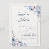 ダスティーブルー＆ブラッシュウォーターカラーフローラル 招待状 (正面/裏面)