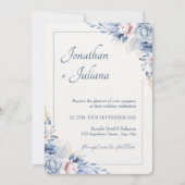 ダスティーブルー＆ブラッシュウォーターカラーフローラル 招待状 (正面)