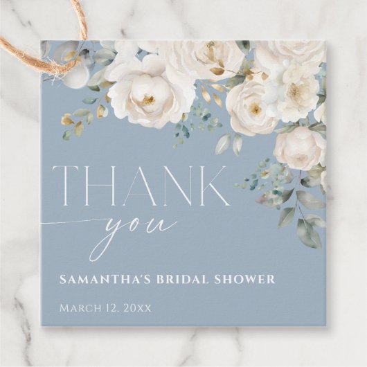 ダスティーブルー ホワイト アイボリー フローラル ブライダルシャワー フェイバータグ (正面)