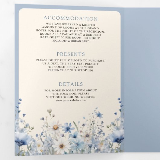 ダスティーブルー ボホ ワイルドフラワー フォト QR コード ウェディング 三つ折り招待状 (内部最初)