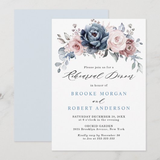 ダスティーブルー マウベ ローズ ピンク スレート リハーサル ディナー 招待状 (正面/裏面)
