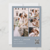 ダスティーブルー ミニマル フォト QRコード ホワイト ウェディング 招待状 (正面)