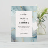 ダスティーブルー モダンフレーム エレガント シック ビーチウェディング 招待状 (スタンド正面)