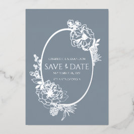 ダスティーブルー モダン フラワースケッチ オーバル セーブ・ザ・デート 箔招待状