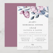 ダスティーブルー モーブ フラワーリハーサルディナー, エレガントな水彩フラワーアレンジメント（モー 案内状 (正面/裏面)