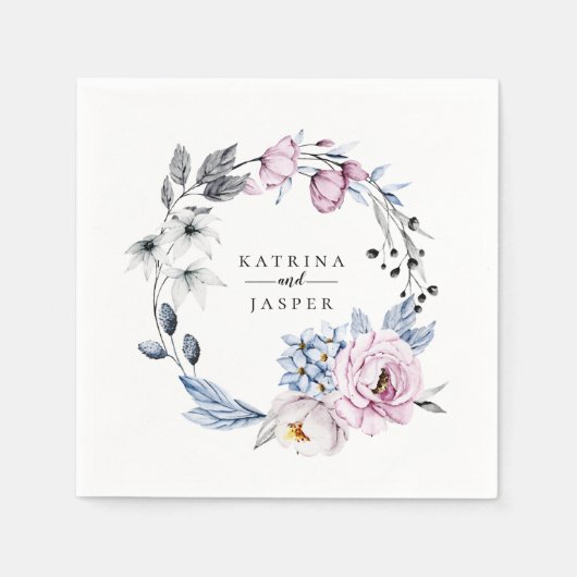 ダスティーブルー モーブ フラワーリース スタンダードカクテルナプキン (正面)