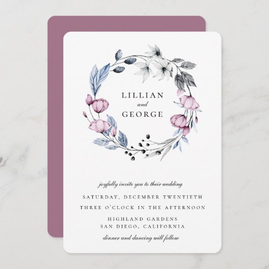 ダスティーブルー モーブ フローラル リース ウェディング 招待状 (正面/裏面)
