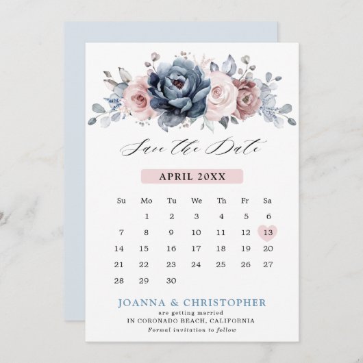 ダスティーブルー モーブ ローズ ピンク スレート フラワーのウェディング S セーブザデート (正面/裏面)