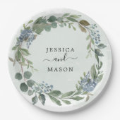 ダスティーブルー ユーカリ ウェディング シャワー ペーパー プレート (正面)