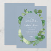 ダスティーブルー ユーカリ グリーン フラワー ウェディング 招待状 (正面/裏面)